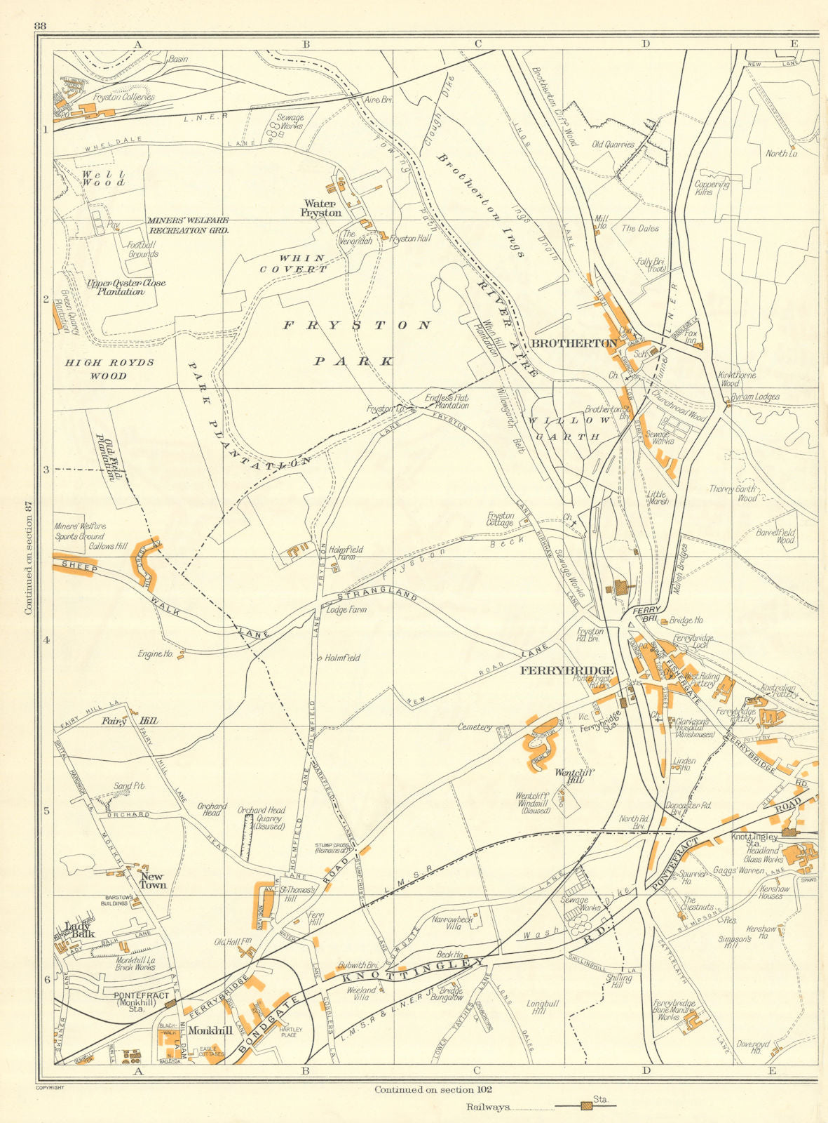 YORKSHIRE Fryston Park Ferrybridge New town Monkhill Brotherton Water 1935 map